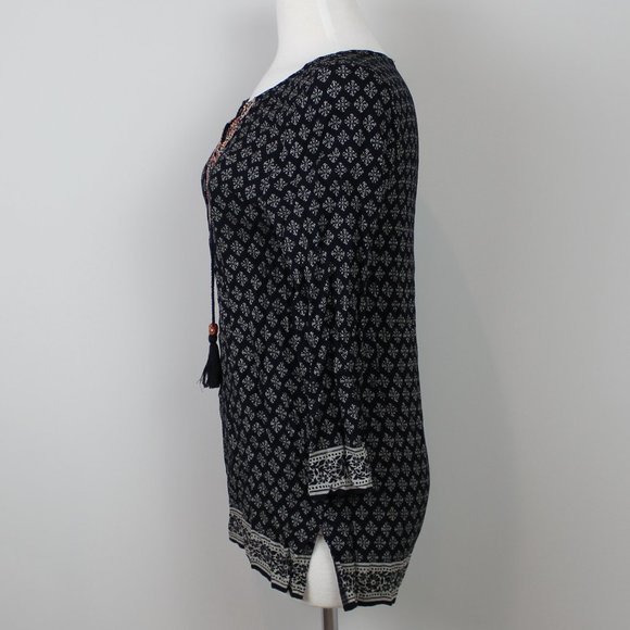 Lucky Brand Black Boho Print Beaded Tunic Blouse Top - Picture 6 of 8